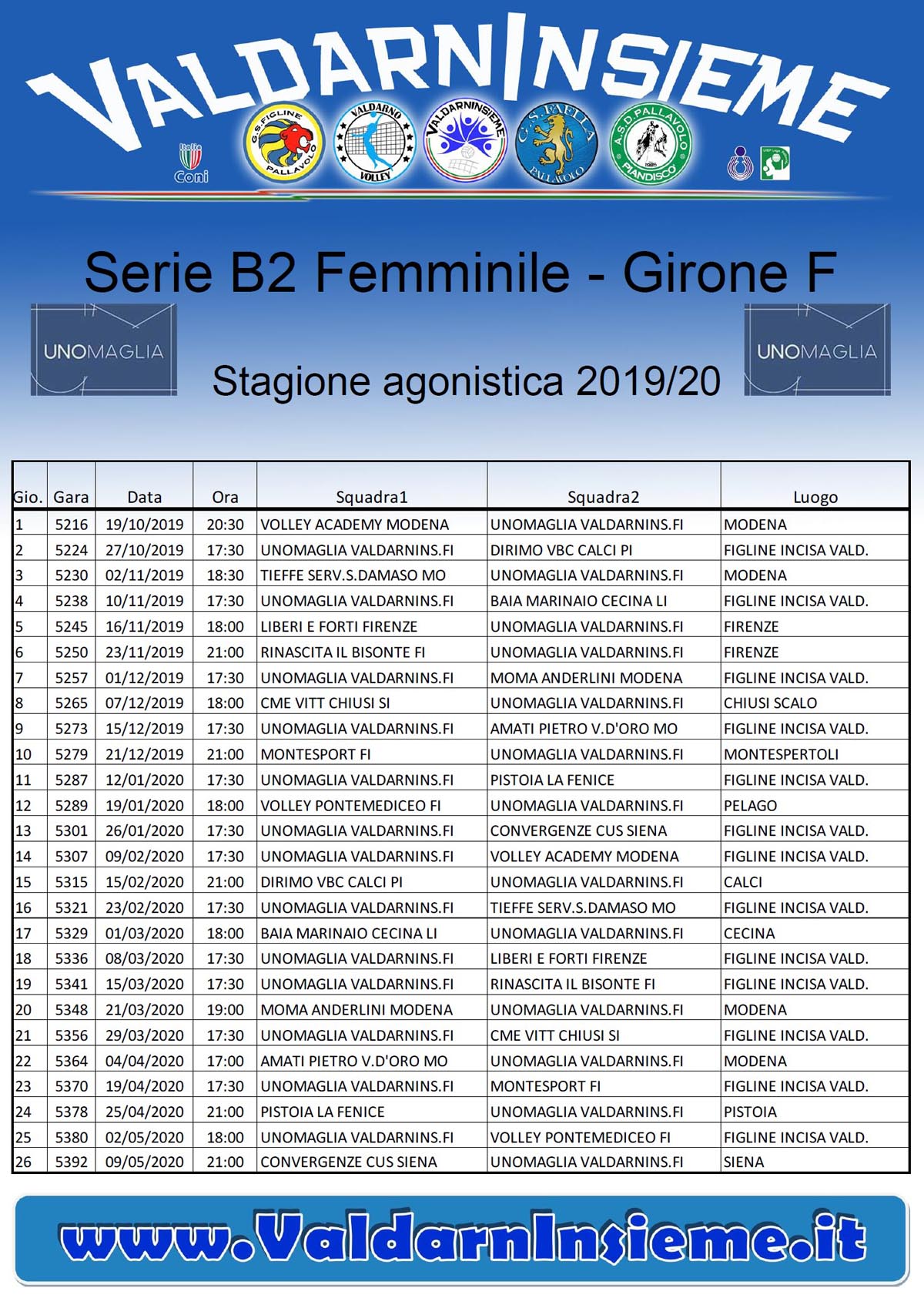 Calendario B2 Stagione 2019 2020