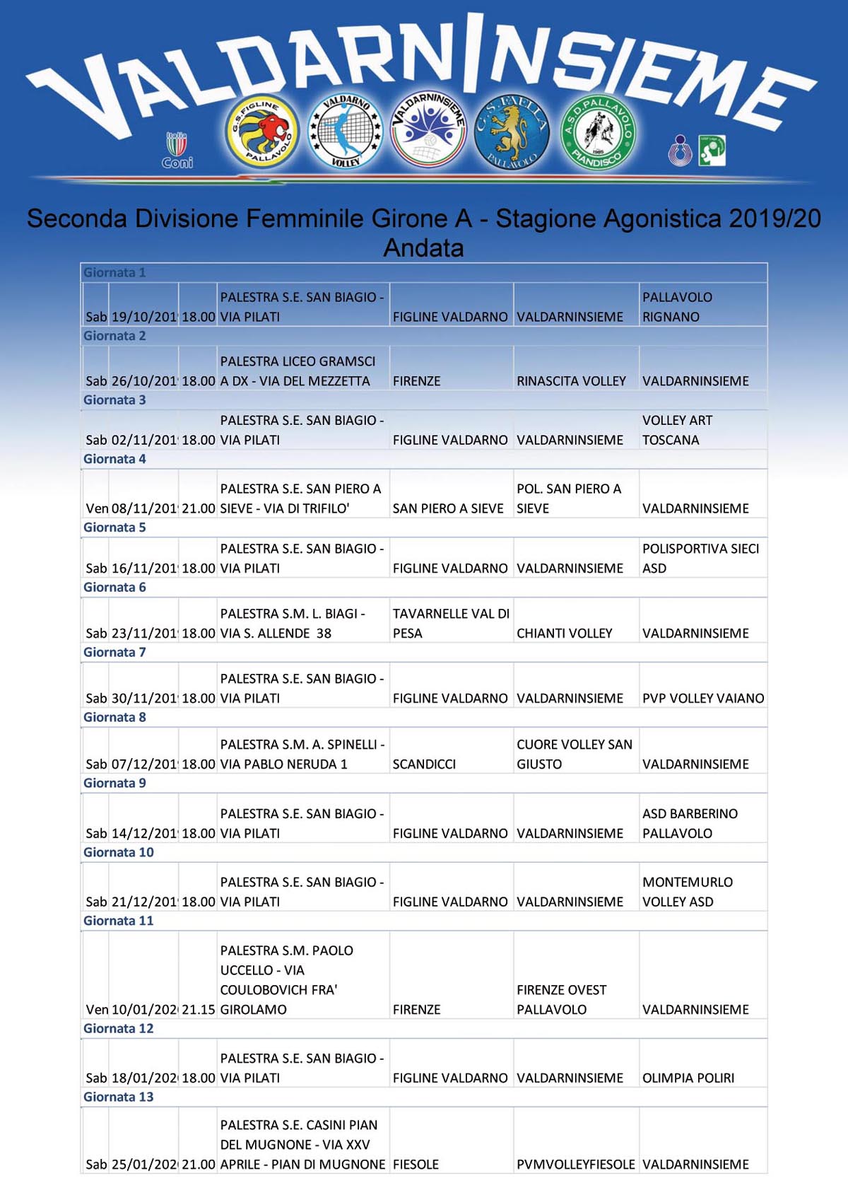 Calendario B2 Stagione 2019 2020