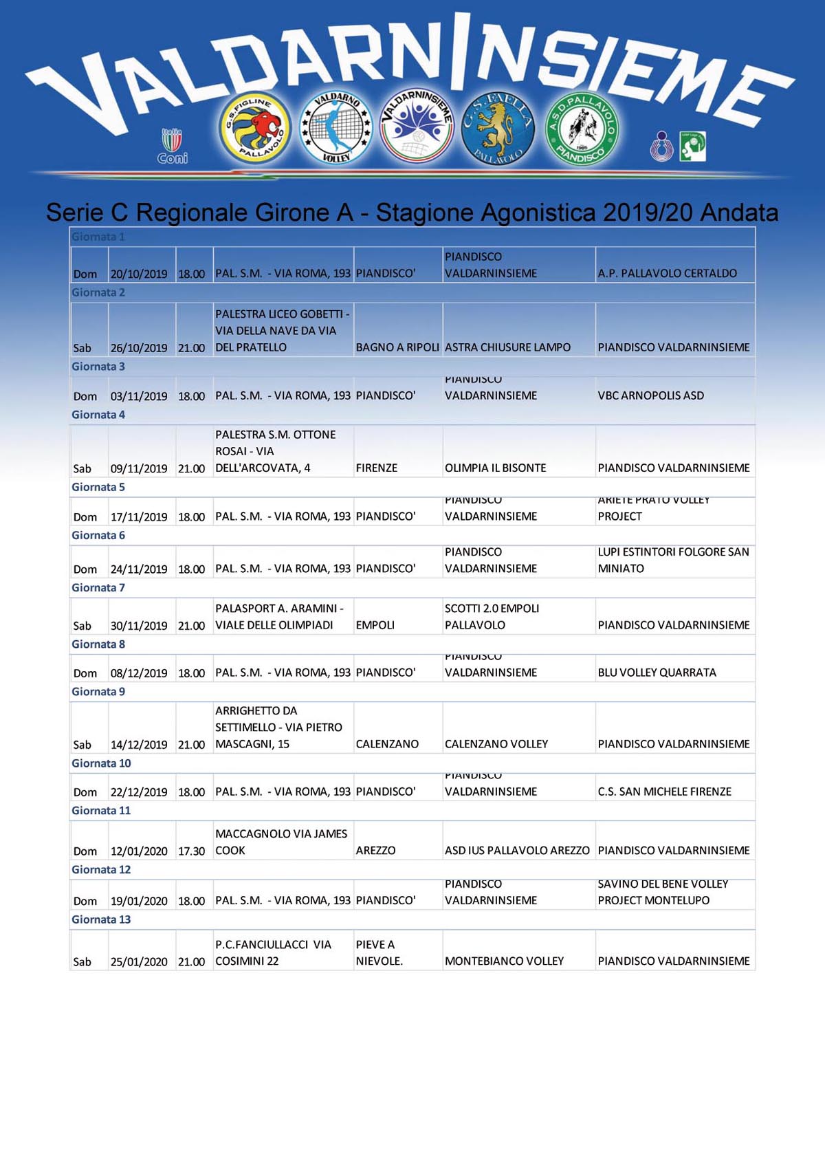 Calendario B2 Stagione 2019 2020