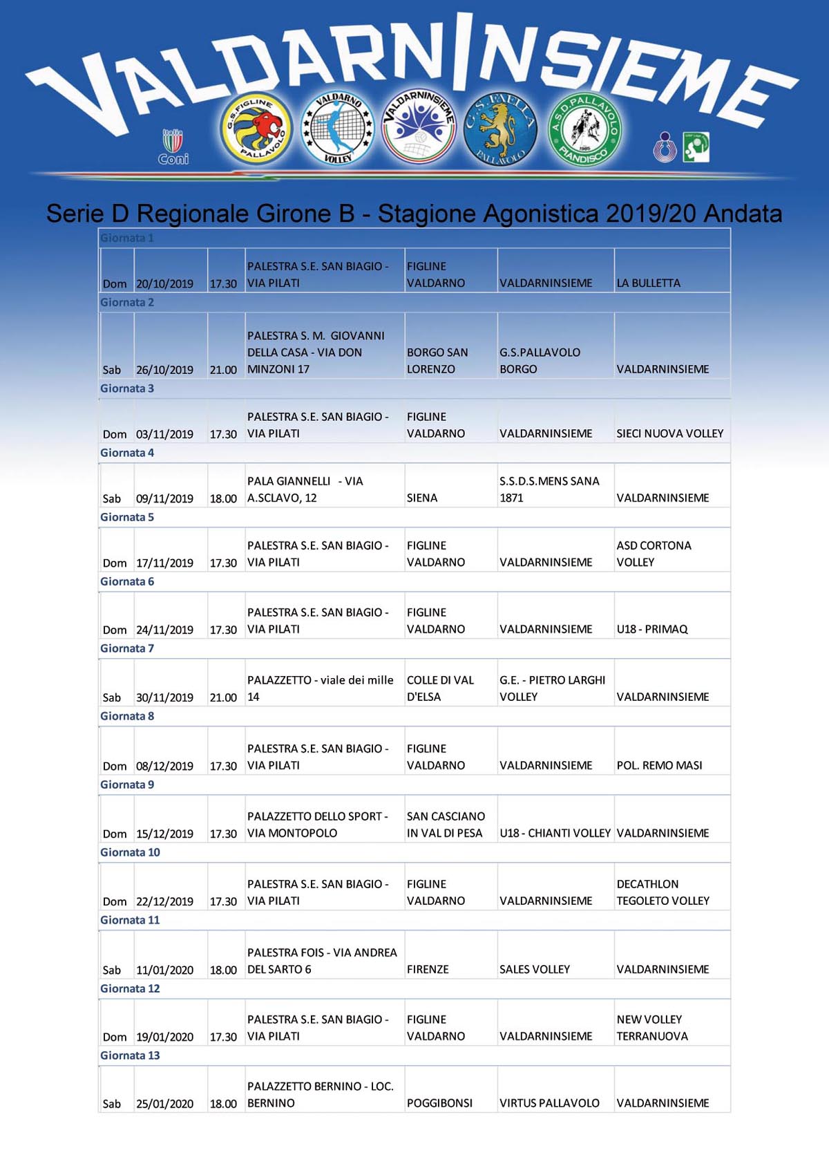 Calendario B2 Stagione 2019 2020