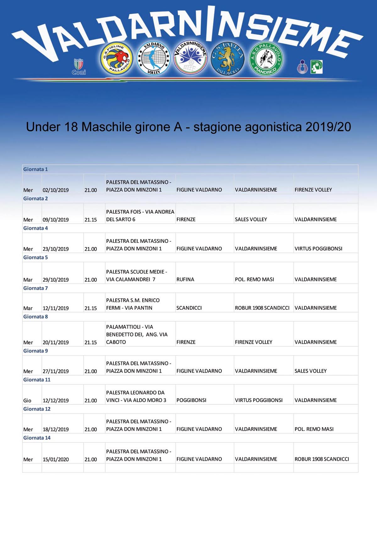 Calendario B2 Stagione 2019 2020