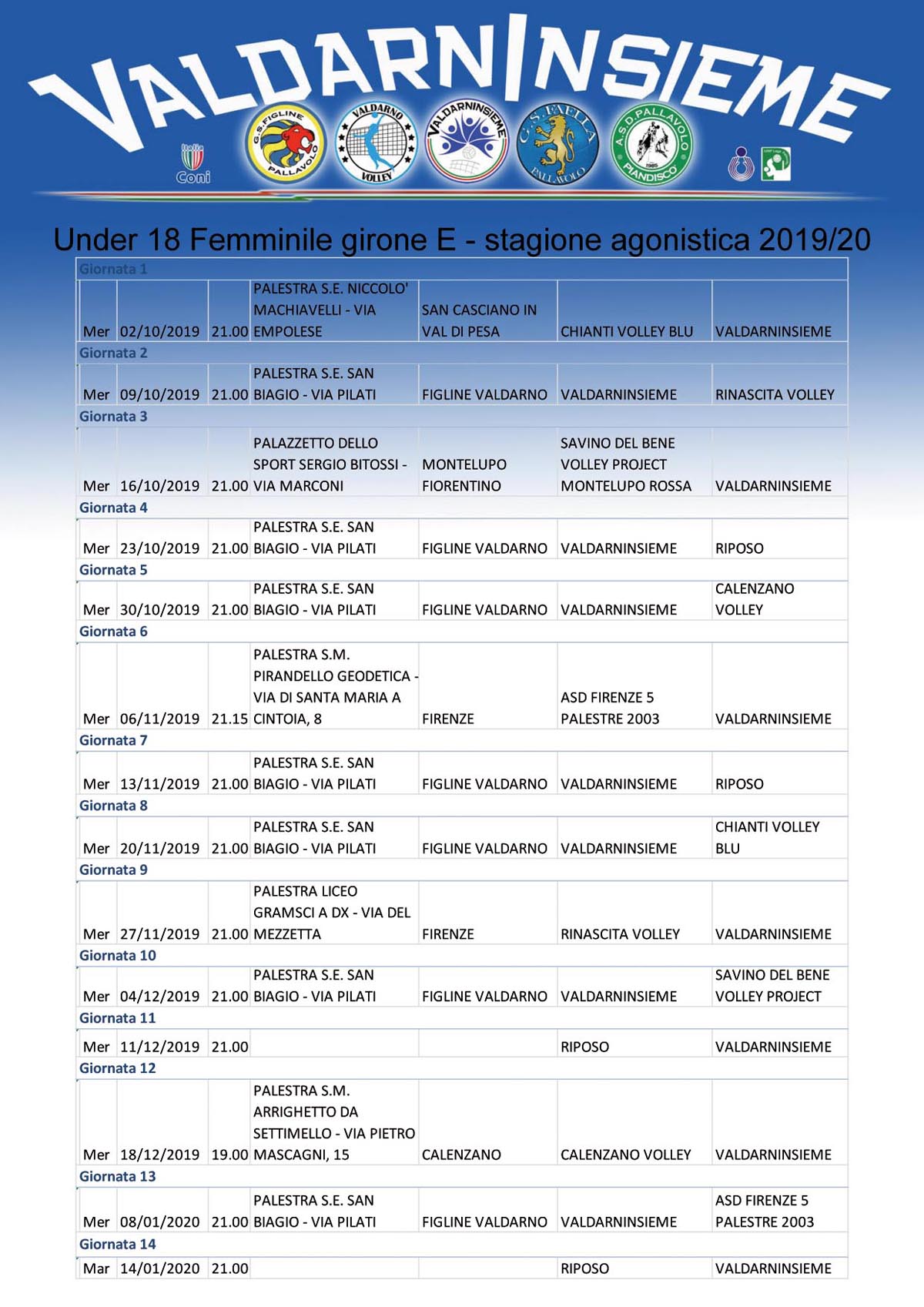 Calendario B2 Stagione 2019 2020